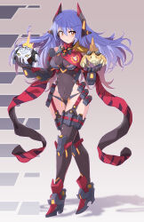 Rule 34 | 1girl, absurdres, breasts, covered navel, fukkatsu saisei kaijin, full body, gloves, highres, looking at viewer, medium breasts, orange eyes, poppi (xenoblade), poppi qtpi (xenoblade), purple hair, red footwear, simple background, sketch, smile, solo, thighs, tora (xenoblade 2), xenoblade chronicles (series), xenoblade chronicles 2
