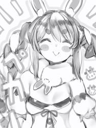 Rule 34 | 1girl, :&gt;, animal ear fluff, animal ears, blush stickers, braid, breasts, closed eyes, detached sleeves, don-chan (usada pekora), dot nose, facing viewer, greyscale, highres, hololive, long hair, monochrome, nanashi (nlo), puffy detached sleeves, puffy short sleeves, puffy sleeves, rabbit ears, short sleeves, small breasts, smile, solo, thick eyebrows, twin braids, twintails, upper body, usada pekora, usada pekora (1st costume), virtual youtuber