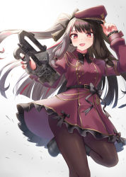 Rule 34 | 1girl, :d, arm up, armband, black bow, black footwear, black hair, boots, bow, breasts, brown dress, brown hat, brown pantyhose, commentary request, dress, frilled dress, frills, gohei (aoi yuugure), gradient background, grey background, grey hair, gun, hat, headset, highres, holding, holding gun, holding weapon, long hair, long sleeves, medium breasts, multicolored hair, nijisanji, open mouth, pantyhose, peaked cap, red eyes, red hair, sleeves past wrists, smile, solo, split-color hair, standing, standing on one leg, streaked hair, striped, striped bow, two-tone hair, two side up, very long hair, virtual youtuber, weapon, weapon request, white background, yorumi rena, yorumi rena (2nd costume)