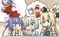 Rule 34 | 3girls, bag, blonde hair, blue eyes, blue hair, book, braid, chocolate, chocolate on body, commentary request, crown, dated, dress, eating, fang, flower, food on body, french braid, hair ornament, hair over one eye, hair ribbon, hairclip, hamakaze (kancolle), hamu koutarou, highres, i-19 (kancolle), jewelry, kantai collection, long hair, long sleeves, mini crown, multiple girls, mushroom, name tag, necklace, off-shoulder dress, off shoulder, one-hour drawing challenge, reading, red eyes, red flower, red ribbon, red rose, ribbon, rose, satchel, school swimsuit, school uniform, serafuku, short hair, silver hair, star-shaped pupils, star (symbol), swimsuit, symbol-shaped pupils, tri tails, upper body, warspite (kancolle), white dress