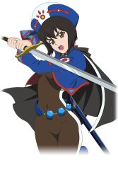 Rule 34 | 1girl, black hair, bob cut, bodysuit, brown eyes, cape, chloe valens, covered navel, hat, holding, holding sword, holding weapon, looking at viewer, official art, short hair, solo, sword, tales of (series), tales of legendia, tales of link, transparent background, weapon