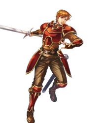 Rule 34 | 1boy, arm guards, armor, boots, brown eyes, brown footwear, brown hair, brown pants, fingerless gloves, fire emblem, fire emblem: the blazing blade, fire emblem heroes, gloves, highres, holding, holding sword, holding weapon, kent (fire emblem), knee boots, long sleeves, looking away, male focus, nintendo, non-web source, official art, pants, red armor, short hair, shoulder armor, sword, takaya tomohide, transparent background, turtleneck, weapon