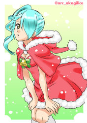 Rule 34 | 1girl, akogi, arc the lad, blue eyes, blue hair, breasts, christmas, dress, gloves, hair over one eye, long hair, looking at viewer, medium breasts, mizuha, open mouth, ponytail, side ponytail, skirt, solo, yellow eyes