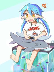 Rule 34 | 1girl, barefoot, blue hair, controller, facial mark, feet, female focus, game controller, gills, highres, jaws (movie), jewelry, monster girl, necklace, nintendo switch, original, playing games, shark girl, sharp teeth, sitting, smith.s, soles, solo, stuffed toy, teeth, toes