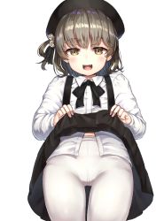 Rule 34 | 1girl, :d, bad id, bad pixiv id, beret, black hat, black ribbon, black skirt, blush, brown eyes, brown hair, clothes lift, crotch seam, fang, hat, hatoba tsugu, highres, lifting own clothes, long sleeves, looking at viewer, mole, mole under eye, open mouth, pantyhose, rangen, revision, ribbon, shirt, simple background, skirt, skirt lift, smile, solo, suspender skirt, suspenders, virtual youtuber, white background, white pantyhose, white shirt