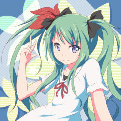 Rule 34 | 1girl, blue eyes, green hair, hatsune miku, long hair, riai (onsen), smile, solo, twintails, vocaloid, world is mine (vocaloid)