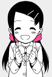 Rule 34 | 1girl, :d, ^ ^, alternate hairstyle, blazer, blush, bow, bowtie, buttons, clenched hands, closed eyes, collared shirt, commentary, cosplay, dot nose, closed eyes, facing viewer, forehead, grey background, greyscale, hair ornament, hair scrunchie, hairclip, hands up, highres, hitori bocchi, hitori bocchi (cosplay), hitoribocchi no marumaru seikatsu, jacket, katsuwo (cr66g), long hair, long sleeves, monochrome, open mouth, pink scrunchie, school uniform, scrunchie, shirt, simple background, smile, solo, sotoka rakita, spot color, twintails, upper body