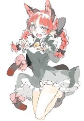 Rule 34 | 1girl, animal ear fluff, animal ears, black dress, black footwear, breasts, cat ears, cat tail, dress, extra ears, fang, fingernails, frilled dress, frilled sleeves, frills, kaenbyou rin, konabetate, long fingernails, long hair, long sleeves, medium breasts, multiple tails, nail polish, open mouth, pointy ears, red eyes, red hair, red nails, sharp fingernails, shoes, simple background, skin fang, smile, solo, tail, touhou, two tails, white background
