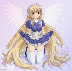 Rule 34 | 00s, 1girl, chii, chobits, clothes lift, long hair, maid, panties, pantyshot, skirt, skirt lift, solo, thighhighs, underwear, very long hair
