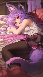 Rule 34 | .live, 1girl, animal ears, black pantyhose, black skirt, blush, breasts, byuyu, commission, fox ears, fox girl, fox tail, highres, indoors, long hair, looking at viewer, lying, medium breasts, melaton, on bed, on side, open mouth, pantyhose, purple hair, red eyes, skeb commission, skirt, smile, solo, tail, virtual youtuber
