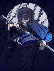 Rule 34 | 1girl, black hair, black kimono, blue background, blue eyes, blue hair, commentary request, dated, gradient hair, hair between eyes, haruko (halife), highres, holding, holding sheath, holding sword, holding weapon, japanese clothes, kimono, long hair, long sleeves, looking at viewer, multicolored hair, obi, original, sash, sheath, signature, smile, solo, sword, unsheathing, very long hair, weapon, wide sleeves