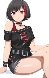 Rule 34 | 1girl, absurdres, arm belt, armpit crease, badge, bang dream!, bare shoulders, belt, belt buckle, black belt, black collar, black hair, black shirt, breasts, buckle, button badge, collar, collarbone, commentary request, crossed legs, cutoffs, feet out of frame, grey shorts, hand on own knee, highres, light blush, lock, looking at viewer, medium breasts, mitake ran, multicolored hair, noshimurin, off-shoulder shirt, off shoulder, padlock, padlocked collar, parted lips, pink eyes, print shirt, red hair, red tank top, shadow, shirt, short hair, short shorts, shorts, simple background, sitting, solo, star (symbol), streaked hair, studded belt, studded collar, tank top, two-tone hair, union jack, white background