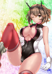 Rule 34 | 10s, 1girl, alternate costume, breasts, brown hair, cameltoe, cleavage, competition swimsuit, covered erect nipples, covered navel, front zipper swimsuit, gloves, hand on own thigh, hand on thigh, headgear, kantai collection, kuga zankurou, large breasts, looking at viewer, meme attire, mutsu (kancolle), one-piece swimsuit, one eye closed, rainbow background, red legwear, short hair, skindentation, smile, solo, striped clothes, striped legwear, striped thighhighs, suggestive fluid, swimsuit, thighhighs, underboob, wet, white gloves, wide hips, yellow eyes