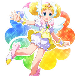 Rule 34 | 10s, 1girl, blonde hair, bloomers, blue eyes, brooch, candy (smile precure!), choker, double bun, earrings, highres, jewelry, personification, precure, rainbow background, royal candy, sayousuke, shoes, short hair, skirt, smile, smile precure!, solo, tiara, underwear, white bloomers, white choker, wrist cuffs