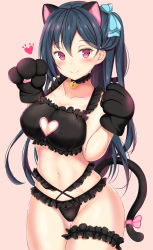 Rule 34 | 1girl, animal ears, animal hands, aqua bow, bad id, bad pixiv id, bare shoulders, bell, black choker, black gloves, black hair, black panties, blush, bow, bra, breasts, bridal garter, cat ears, cat tail, choker, cleavage, cleavage cutout, closed mouth, clothing cutout, collarbone, cowboy shot, frilled bra, frilled choker, frilled panties, frills, gloves, groin, hair between eyes, hair bow, hands up, heart, heart cutout, highleg, highleg panties, highres, jingle bell, long hair, looking at viewer, medium breasts, navel, one side up, panties, paw gloves, phantasy star, phantasy star online 2, pink background, pink bow, red eyes, simple background, smile, solo, standing, tail, thigh gap, underwear, washinomiya koori, yuano