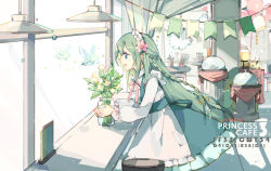 Rule 34 | 1girl, apron, balloon, blush, braid, ceiling light, chair, chika (princess connect!), collared shirt, commentary request, dress, flower, frilled dress, frills, green dress, hair flower, hair ornament, hair ribbon, indoors, long hair, long sleeves, looking away, maid, maid apron, neck ribbon, parted lips, pink flower, pink ribbon, princess connect!, profile, ribbon, serving dome, shadowsinking, shirt, sleeveless, sleeveless dress, smile, solo, table, very long hair, white apron, white flower, white shirt, window, yellow ribbon