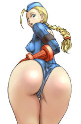 Rule 34 | 1girl, ahoge, antenna hair, ass, ass focus, back cutout, bad id, bad pixiv id, bare shoulders, beret, blonde hair, blue eyes, blue leotard, bombomb25, braid, breasts, cammy white, capcom, clothing cutout, covered erect nipples, female focus, fingerless gloves, gloves, hat, highres, huge ahoge, huge ass, leotard, long hair, looking back, low-tied long hair, medium breasts, open mouth, panties, ribbed leotard, scar, solo, street fighter, sweatdrop, thong, thong leotard, twin braids, underwear