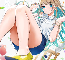 Rule 34 | 1girl, :3, bare shoulders, blonde hair, blue eyes, blue hair, blue skirt, blush, bracelet, chair, closed mouth, collared shirt, colored inner hair, doushimasho, fingernails, hands up, high heels, jewelry, legs together, long hair, looking at viewer, miniskirt, multicolored hair, nail polish, original, shirt, shoes, skirt, smile, solo, white shirt, wing collar, yellow footwear, yellow nails