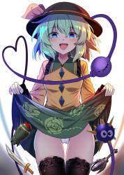 Rule 34 | 1girl, :d, black hat, black thighhighs, blue eyes, bomb, clothes lift, collared shirt, commentary, cowboy shot, e.o., explosive, fallout (series), floral print, frilled sleeves, frills, green hair, green skirt, half-closed eyes, hat, hat ribbon, heart, heart of string, highres, knife, komeiji koishi, lifted by self, long sleeves, looking at viewer, medium hair, medium skirt, motion blur, nuclear weapon, open mouth, panties, print skirt, ribbon, shirt, skirt, skirt lift, smile, solo, spiked ball, thigh gap, thighhighs, third eye, touhou, underwear, white background, white panties, yellow ribbon, yellow shirt