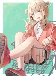 Rule 34 | 1girl, :d, absurdres, black shorts, blonde hair, blue eyes, border, character request, clenched hand, copyright request, foreshortening, fujizarashi, full body, green background, highres, in shopping cart, jewelry, light blush, long sleeves, looking at viewer, necklace, open mouth, red footwear, red sweater, shirt, shoes, short hair, shorts, sidelocks, sitting, smile, solo, sweater, turtleneck, two side up, v, white border, white shirt