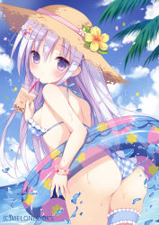 Rule 34 | 1girl, ass, bad id, bad pixiv id, bare shoulders, bikini, blue bikini, blue sky, blush, breasts, brown hat, closed mouth, cloud, cloudy sky, commentary request, confetti, copyright notice, cup, day, disposable cup, flower, flower bracelet, hair between eyes, hat, hat flower, holding, holding cup, horizon, innertube, izuminanase, leaning forward, long hair, looking at viewer, looking back, medium breasts, melonbooks, ocean, official art, original, outdoors, palm tree, pink flower, plaid, plaid bikini, purple eyes, purple hair, sky, solo, straw hat, swim ring, swimsuit, transparent, tree, very long hair, watermark, wet, white flower, yellow flower