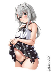Rule 34 | 1girl, bare shoulders, black panties, blush, clothes lift, cropped legs, dress, dress lift, ebifurya, grey eyes, grey hair, hair ornament, highres, i-201 (kancolle), kantai collection, lifting own clothes, looking at viewer, low twintails, navel, official alternate costume, one-hour drawing challenge, panties, polka dot, polka dot dress, side-tie panties, simple background, skirt, skirt lift, solo, sweatdrop, thighs, twintails, twitter username, underwear, white background, x hair ornament