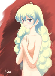 Rule 34 | + +, 00s, 1girl, blonde hair, blue eyes, blue hair, blush, breasts, collarbone, completely nude, cross-shaped pupils, curly hair, expressionless, long hair, matching hair/eyes, multicolored hair, navel, nia teppelin, niwatori kokezou, nude, own hands together, small breasts, solo, stomach, symbol-shaped pupils, tengen toppa gurren lagann, two-tone hair, upper body, very long hair, w arms
