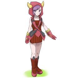 Rule 34 | 1girl, a (pixiv 17870427), adapted costume, boots, courtney (pokemon), courtney (pokemon oras), creatures (company), fake horns, flipped hair, full body, game freak, high heel boots, high heels, hood, hoodie, horned headwear, horns, knee boots, nintendo, pokemon, pokemon oras, purple eyes, purple hair, red footwear, ribbed sweater, short hair, solo, sweater, team magma, uniform, white background