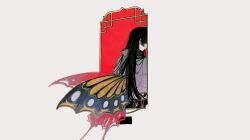 1girl against_window black_hair butterfly_wings commentary_request dhbdybsgwn facing_away highres ichihara_yuuko insect_wings long_hair looking_back purple_shirt red_background red_eyes shirt simple_background solo white_background window wings xxxholic