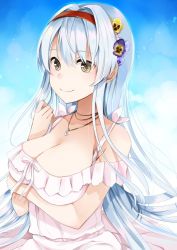 Rule 34 | 10s, 1girl, alternate costume, blue background, breasts, cleavage, collarbone, dress, flower, frilled dress, frills, hair flower, hair ornament, headband, jewelry, kantai collection, large breasts, long hair, looking at viewer, necklace, red headband, shoukaku (kancolle), shoukaku kai ni (kancolle), silver hair, smile, solo, upper body, wedding dress, white dress, yellow eyes, yuna (yukiyuna)