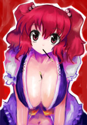 Rule 34 | 1girl, amii, bad id, bad pixiv id, between breasts, breasts, cleavage, female focus, food, huge breasts, onozuka komachi, pocky, red hair, short hair, solo, touhou, twintails, two side up