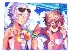 Rule 34 | 2boys, banned artist, blue eyes, border, bracelet, brown eyes, brown hair, cloud, collarbone, commentary request, cup, eyewear on head, flower, food, frown, granblue fantasy, heart, heart-shaped eyewear, hibiscus, holding, holding cup, holding spoon, hood, hooded jacket, ice cream, jacket, jewelry, lucio (granblue fantasy), male focus, multiple boys, one eye closed, open clothes, open jacket, open mouth, outdoors, popsicle, sandalphon (granblue fantasy), short hair, smile, spoon, sundae, sunglasses, teacup, tsukumi (tkmillust), upper body, watermelon bar, white border, white hair, wings
