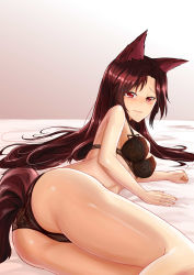 Rule 34 | 1girl, absurdres, animal ears, ass, black bra, black panties, blush, bra, breasts, brown hair, c.rabbit, highres, imaizumi kagerou, lace, lace bra, lace panties, long hair, looking back, lying, medium breasts, on bed, on side, panties, red eyes, solo, tail, thighs, touhou, underwear, underwear only, wolf ears, wolf tail