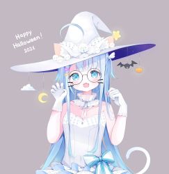 Rule 34 | ahoge, amatsuka uto, animal ear fluff, animal ears, arms up, bat ornament, blue eyes, blush, breasts, candy, cat ears, cat tail, claw pose, cloud, collarbone, crescent, crescent hat ornament, deyui, drawn whiskers, dress, fang, food, gloves, hair ornament, hairclip, happy halloween, hat, hat ornament, highres, holding, holding candy, holding food, indie virtual youtuber, layered dress, open mouth, pumpkin hat ornament, ribbon, round eyewear, skin fang, small breasts, solo, star (symbol), star hat ornament, starry sky print, tail, tan background, tenshimp, two side up, virtual youtuber, white dress, white gloves, white hat, wing hair ornament, witch hat, wrapped candy