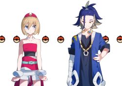 Rule 34 | 1boy, 1girl, adaman (pokemon), aoi (altea0923), arm wrap, blonde hair, blue coat, blue eyes, blue hair, bracelet, brown eyes, clenched hands, closed mouth, coat, collar, collarbone, commentary request, creatures (company), earrings, eyebrow cut, game freak, green hair, hair between eyes, hairband, hand on own hip, highres, irida (pokemon), jewelry, neck ring, nintendo, open clothes, open coat, pokemon, pokemon legends: arceus, ponytail, red hairband, red shirt, sash, shirt, short hair, shorts, sideways glance, smile, strapless, strapless shirt, waist cape, white background, white shorts