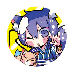 Rule 34 | 1boy, \m/, animal ear fluff, animal ears, bell, blue kimono, blush stickers, border, character request, collarbone, commentary request, copyright request, fang, fox, fox ears, fox tail, japanese clothes, kimono, looking at viewer, lowres, male focus, one eye closed, open mouth, purple hair, round border, short hair, simple background, solo, tail, terada tera, two-tone background, upper body, whiskers, white background, yellow background