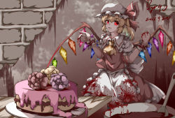 Rule 34 | 1girl, artist name, blonde hair, blood, blood on clothes, blood on hands, cake, cooking, cooking pot, dated, dress, flandre scarlet, flower, food, hat, highres, icing, ladle, pointing, pzgr.40, red dress, red eyes, short hair, short sleeves, solo, table, touhou, white hat, wooden table