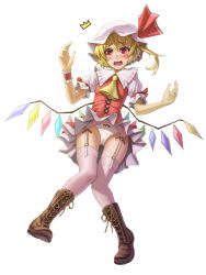 Rule 34 | 1girl, ^^^, adapted costume, ascot, bad id, bad pixiv id, blonde hair, blush, boots, cross-laced footwear, female focus, flandre scarlet, full body, garter belt, garter straps, hat, kurione (zassou), lace-up boots, open mouth, panties, pantyshot, pink thighhighs, red eyes, short hair, side ponytail, simple background, skirt, solo, tears, thighhighs, touhou, underwear, upskirt, white background, white panties, wind, wind lift, wings, wrist cuffs