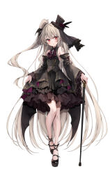 Rule 34 | 1girl, bare shoulders, bat wings, black dress, black footwear, blush, cane, closed mouth, detached sleeves, dress, frilled dress, frilled sleeves, frills, full body, hair ornament, hat, highres, holding, holding cane, holding clothes, kakao rantan, light brown hair, long hair, looking at viewer, one side up, original, red eyes, simple background, sleeveless, sleeveless dress, solo, standing, top hat, very long hair, white background, wings
