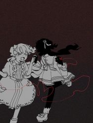 Rule 34 | 2girls, absurdres, center frills, closed eyes, commentary, dress, emilico (shadows house), english commentary, film grain, flower, frills, hair flower, hair ornament, hair ribbon, highres, hoi plantmaster, holding hands, kate (shadows house), limited palette, long hair, looking at another, multiple girls, open mouth, ribbon, rose, running, shadow (shadows house), shadows house, smile, string, string of fate, two side up, yuri