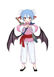 Rule 34 | &gt;:o, 1girl, :o, alternate costume, alternate hairstyle, bat wings, blue hair, blush, bun cover, cracking knuckles, double bun, fangs, fkey, full body, hair between eyes, looking at viewer, own hands together, palm-fist greeting, pants, red eyes, remilia scarlet, ribbon, sanpaku, sash, short hair, simple background, sketch, solo, standing, touhou, v-shaped eyebrows, white background, wings