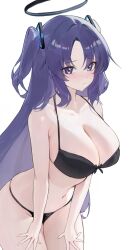 1girl black_bra black_halo black_panties blue_archive blush bra breasts cleavage closed_mouth cowboy_shot embarrassed hair_between_eyes hair_ornament halo hashtag-only_commentary highres i_ly large_breasts legs_together long_hair looking_at_viewer mechanical_halo navel panties purple_eyes purple_hair red_pupils ribbon_as_bra simple_background solo standing triangle_hair_ornament two_side_up underwear underwear_only very_long_hair white_background yuuka_(blue_archive)