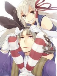 Rule 34 | 10s, 1boy, 1girl, bad id, bad pixiv id, blonde hair, brown hair, carrying, crossover, elbow gloves, gloves, grin, hairband, heshikiri hasebe, kantai collection, purple eyes, shimakaze (kancolle), shoulder carry, smile, striped clothes, striped legwear, striped thighhighs, thighhighs, touken ranbu, vivi-t (akagami), white gloves, yellow eyes