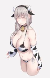 Rule 34 | 1girl, animal ears, animal print, bell, bikini, breasts, closed eyes, closed mouth, commentary request, cow ears, cow horns, cow print, cowbell, cropped legs, elbow gloves, fingerless gloves, gloves, grey background, grey hair, hair between eyes, hair over shoulder, highres, horns, huge breasts, long hair, mature female, navel, side-tie bikini bottom, simple background, solo, swimsuit, uzaki-chan wa asobitai!, uzaki tsuki, yuuji (and)