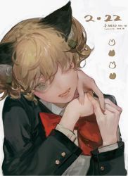 Rule 34 | 1girl, 1other, ;), animal ear fluff, animal ears, black jacket, blonde hair, bow, bowtie, buttons, cat day, cat ears, cat girl, collared shirt, daiba nana, dated, dress shirt, fangs, fingernails, green eyes, green ribbon, grin, hair between eyes, hair ribbon, hand on another&#039;s shoulder, hands up, head tilt, highres, holding hands, jacket, kemonomimi mode, lips, long sleeves, looking at viewer, one eye closed, open clothes, open jacket, own hands together, red bow, red neckwear, ribbon, school uniform, seishou music academy uniform, shirt, short hair, shoujo kageki revue starlight, sketch, smile, solo focus, suzumi (ccroquette), upper body, white background, white shirt