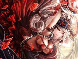 Rule 34 | 1girl, arms behind head, arms up, breasts, cleavage, dress, female focus, gin ji, headdress, large breasts, long hair, looking at viewer, original, parted lips, petals, ponytail, red eyes, smile, solo, white hair