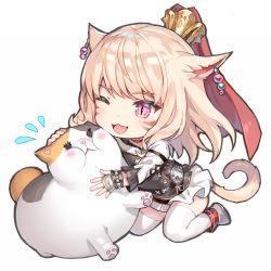 Rule 34 | 10s, 1girl, ;3, ;d, animal ears, blonde hair, cat ears, cat tail, cheek-to-cheek, chibi, choker, facial mark, fang, fat cat (ff14), final fantasy, final fantasy xiv, hand on another&#039;s head, heads together, hug, long hair, miqo&#039;te, momoko (momopoco), one eye closed, open mouth, red eyes, slit pupils, smile, solo, tail, thighhighs, warrior of light (ff14)