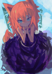Rule 34 | 1girl, absurdres, animal ears, bare arms, bare shoulders, blue eyes, closed mouth, dress, hair between eyes, hands up, highres, kaamin (mariarose753), looking at viewer, orange hair, original, purple dress, short eyebrows, sketch, sleeveless, sleeveless dress, smile, solo, tail, thick eyebrows