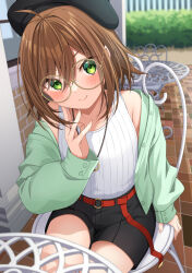 Rule 34 | 1girl, bare shoulders, belt, belt buckle, beret, black hat, black shorts, blush, brown-framed eyewear, brown hair, buckle, closed mouth, collarbone, commentary request, day, glasses, green eyes, green jacket, hair between eyes, hand up, haru (kuzuyu), hat, highres, jacket, komori kuzuyu, long sleeves, looking at viewer, on chair, open clothes, open jacket, original, outdoors, puffy long sleeves, puffy sleeves, red belt, round eyewear, shirt, short shorts, shorts, sitting, sleeveless, sleeveless shirt, sleeves past wrists, smile, solo, table, white shirt