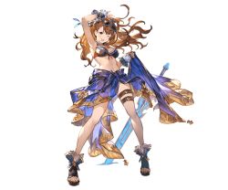Rule 34 | 10s, 1girl, ;d, beatrix (granblue fantasy), bikini, breasts, brown eyes, brown hair, cleavage, fingerless gloves, front-tie bikini top, front-tie top, full body, gloves, granblue fantasy, looking at viewer, medium breasts, minaba hideo, navel, official art, one eye closed, open mouth, sandals, smile, solo, sunglasses, swimsuit, sword, transparent background, weapon, wink, yellow eyes